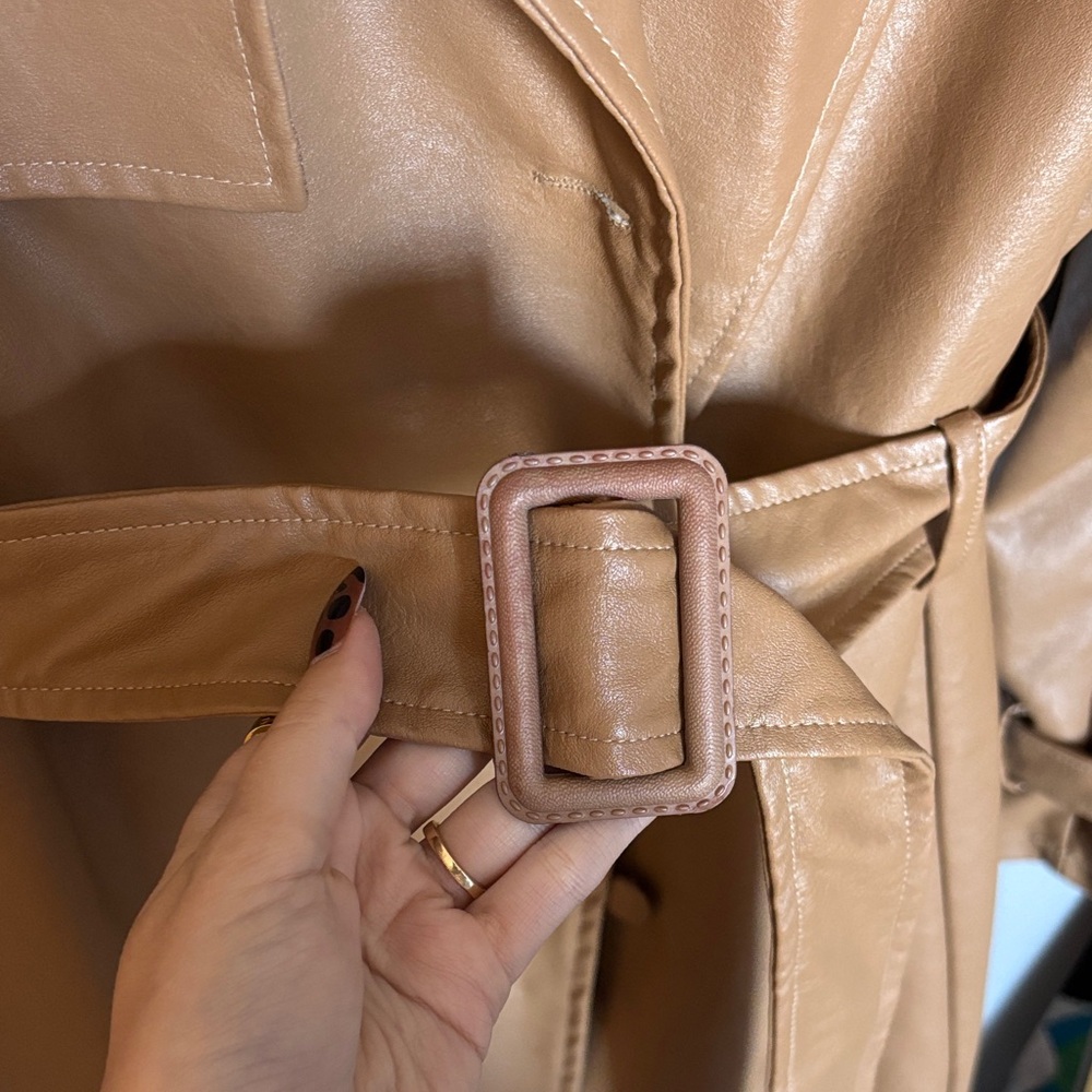 Faux Leather Trench Coat - Tan - Picture 4 of 12
